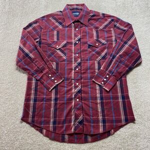 Wrangler Shirt Mens‎ 16x33 Red Blue Plaid Western Cowboy Pearl Snap Long Sleeve